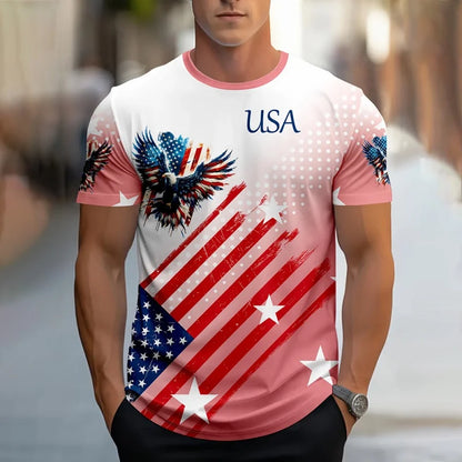 Soft men's tee - relaxed fit, 3D print patriotic eagle and flag graphic, casual wear