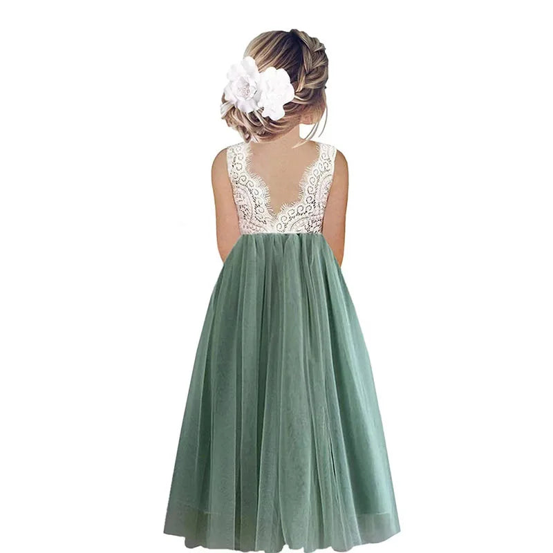 Leichtes Mädchen-Blumenkindkleid - Spitzenoberteil, fließender Tüllrock, Polyester, Für Hochzeit