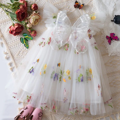 Lightweight flowy girls' dress - knee-length tulle, floral print, polyester, for weddings