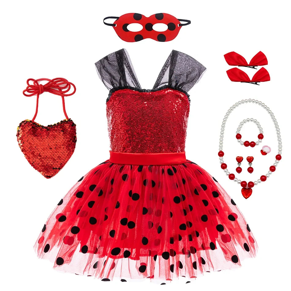 Let pigers Mariehøne cosplay kostume - paliettop med knælængde tylskørt, polyester, til Halloween