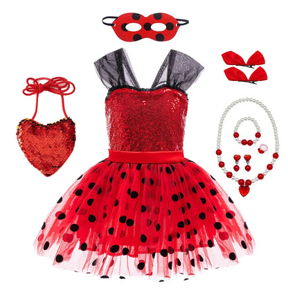 Let pigers Mariehøne cosplay kostume - paliettop med knælængde tylskørt, polyester, til Halloween