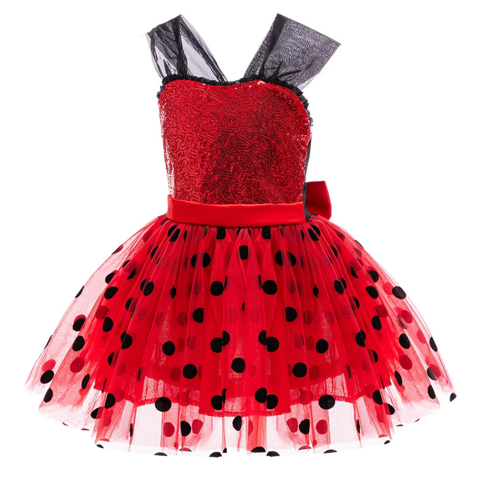 Let pigers Mariehøne cosplay kostume - paliettop med knælængde tylskørt, polyester, til Halloween