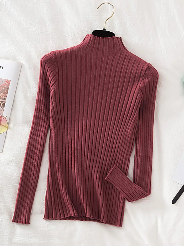 Stretchy Flattering Women Ribbed Sweater - Mock Neck, Knit