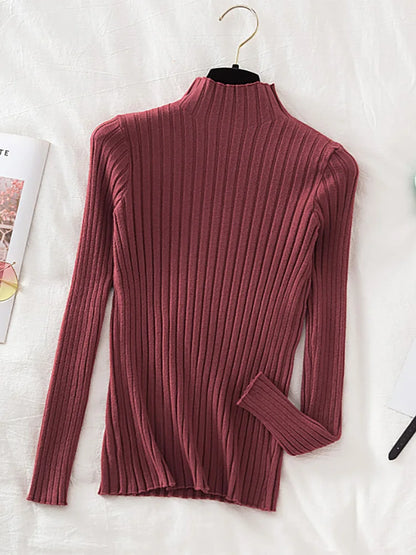 Stretchy Flattering Women Ribbed Sweater - Mock Neck, Knit