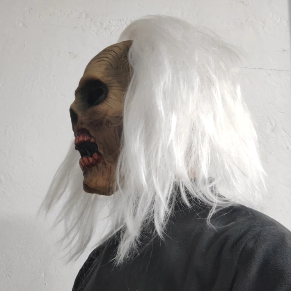 Latex horrormasker voor volwassenen met wit haar, vampier en zombiestijl, dat het hele hoofd bedekt, Halloween-kostuumdecoratie en -rekwisiet 2026