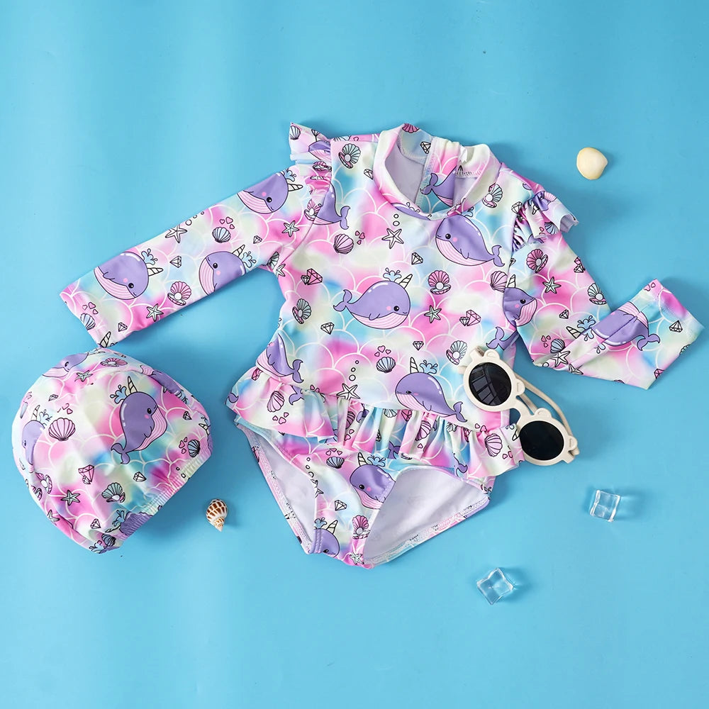 Soft Girls' One-Piece Swimsuit - Long Sleeve, Lace Design, Polyester, Sun Protection Beachwear