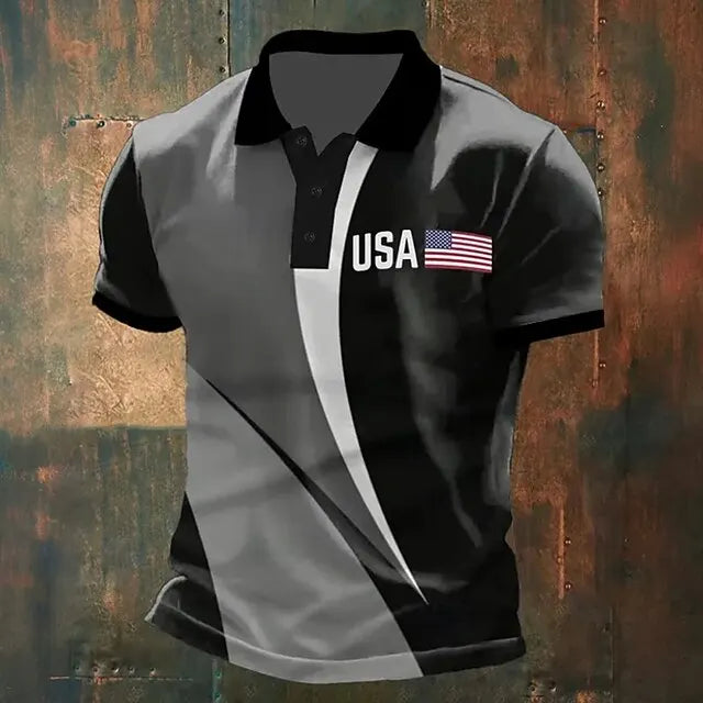 Lightweight men's polo shirt - graphic flag print, cotton, casual summer wear for outdoor events