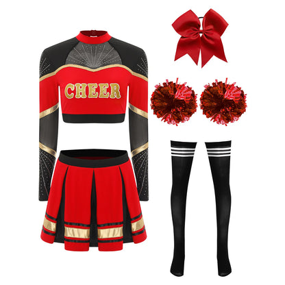 Cosplaykostuum voor cheerleaderoptredens voor vrouwen, crop-top met lange mouwen en geplooide rok met pompons 2026