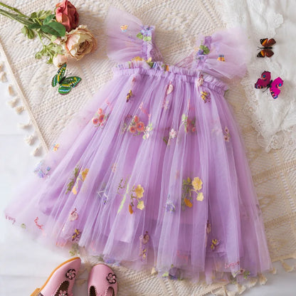 Lightweight flowy girls' dress - knee-length tulle, floral print, polyester, for weddings
