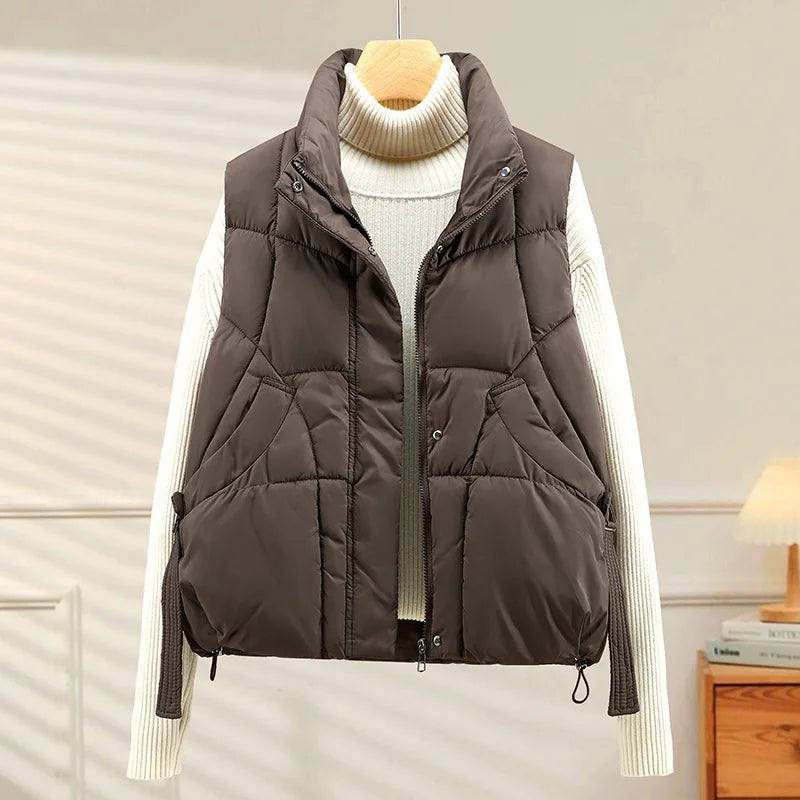 Warm Women's Puffer Vest - Quilted High Collar, Polyester