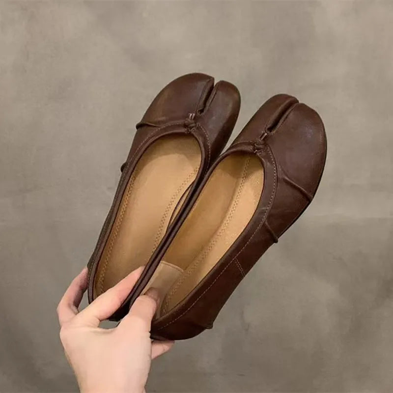 Soft Women Tabi Ballet Flats - Split Toe, Leather, Casual