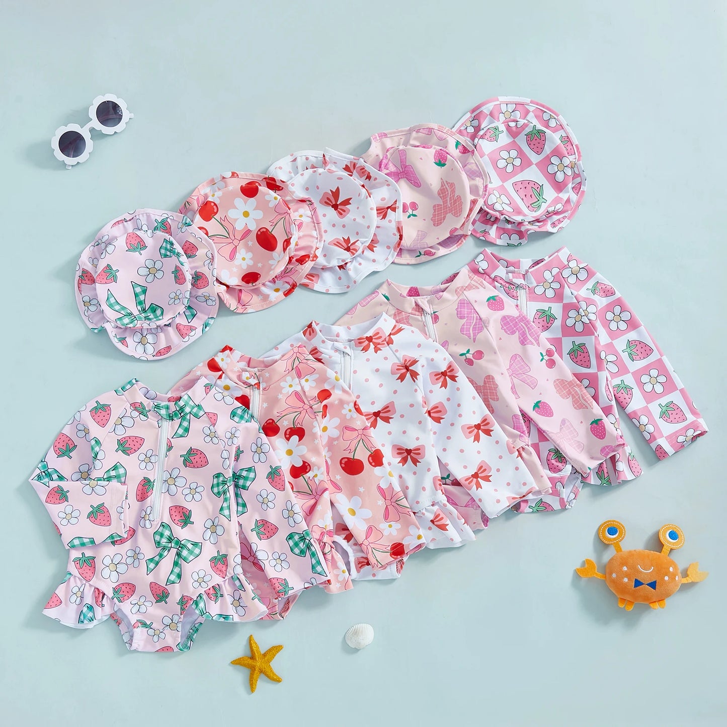 Soft Girls' Rash Guard Swimsuit Set - Zip-Up, Floral Print, Polyester, With Hat, For Summer Beach And Pool