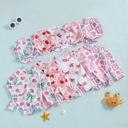 Soft Girls' Rash Guard Swimsuit Set - Zip-Up, Floral Print, Polyester, With Hat, For Summer Beach And Pool