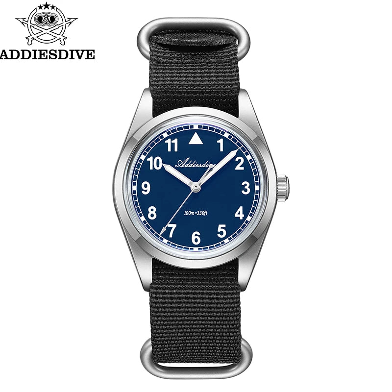 Waterproof Diver Quartz Watch Luminous Hands, Nylon Strap, 100m Water Resistance