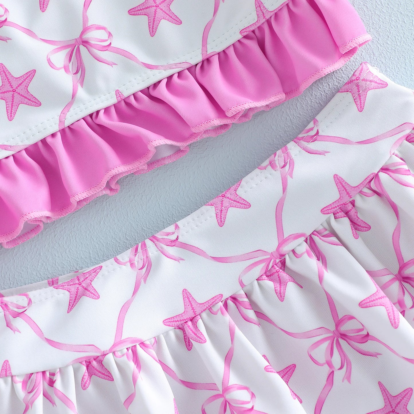 Lightweight girls' bikini set - halter top, starfish print, ruffle trim, polyester, for summer beach