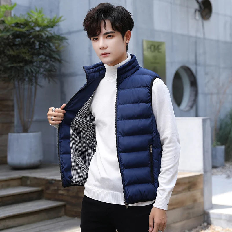 Insulating Men's Puffer Vest - Quilted Cotton Blend, Winter