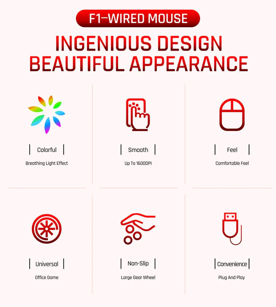 Mouse da gioco cablato RGB 3 pulsanti USB precisione ufficio