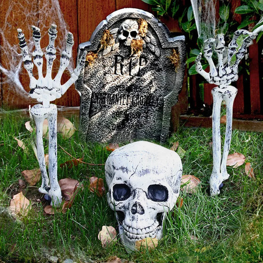 Halloween Skeleton Graveyard Decoration Set – 3-Piece Skeleton Prop with Skull and Hands for Outdoor Lawn, Haunted Houses, and Party Decor