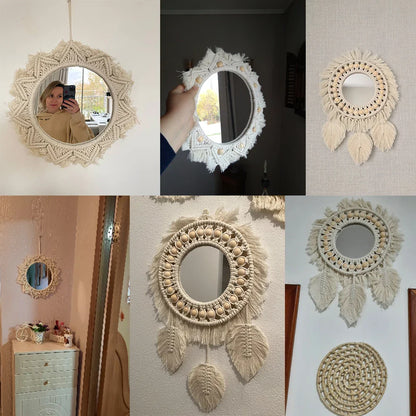 Set di Specchi Macramè con Frangia in Cotone Specchi da Parete Boho Appendibili Autunno 2025 Decorazione Accogliente per Cameretta Regalo per la Casa