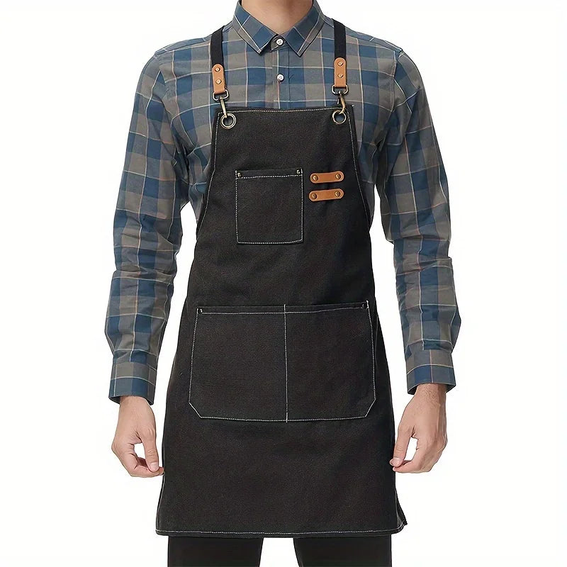 Canvas Apron Oil Proof Wipeable Kitchen Workshop Apron With Tool Pockets Adjustable Leather Straps Fall 2025 Gift