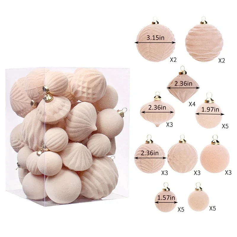 Ornements d'arbre de noël en velours floqué, boules suspendues en peluche pour décoration de maison Festive, décoration de fête de vacances 35 pièces