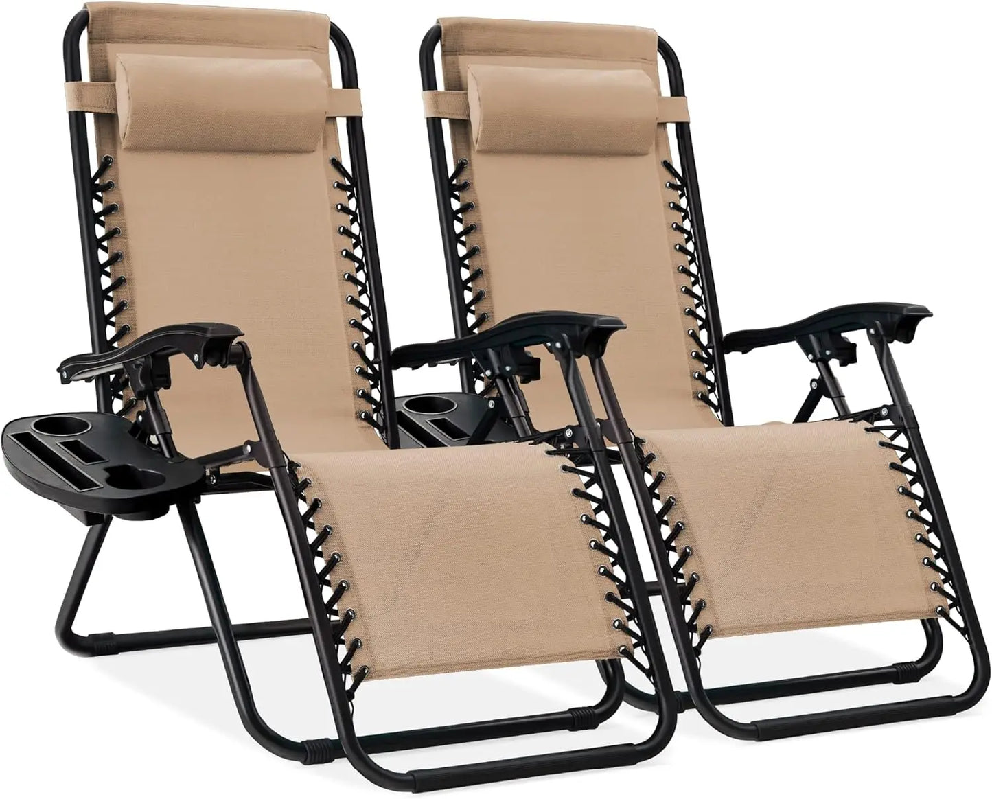 Adjustable Steel Mesh Zero Gravity Lounge Chairs with Cup Holders & Pillows - Portable Recliners for Outdoor Relaxation and Comfort