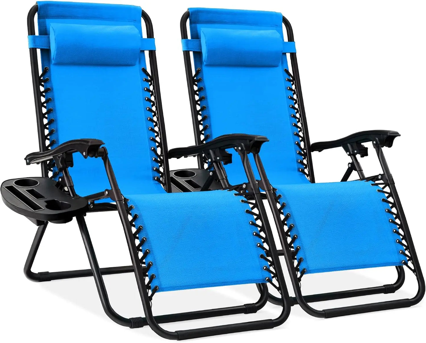 Adjustable Steel Mesh Zero Gravity Lounge Chairs with Cup Holders & Pillows - Portable Recliners for Outdoor Relaxation and Comfort