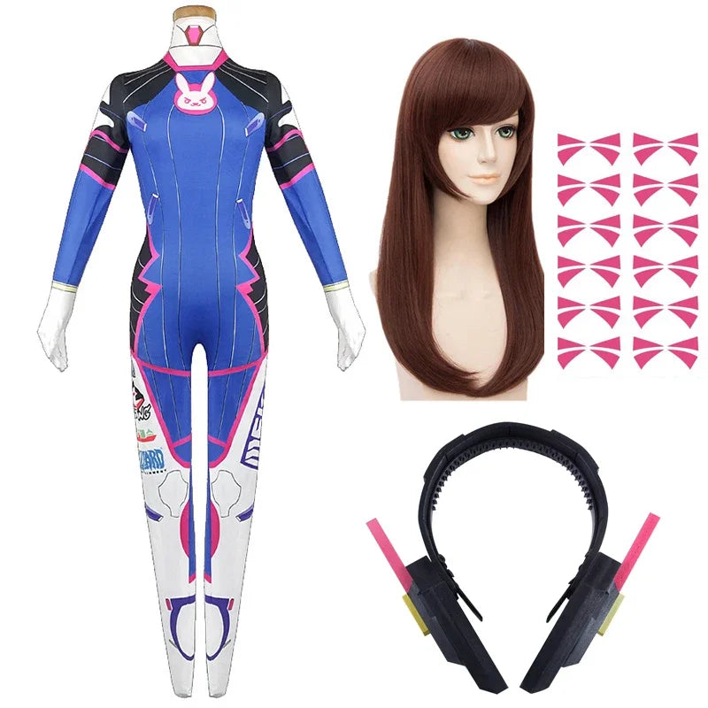 Overwatch DVa Meka Pilot Zentai Jumpsuit Cosplay Costume Set with Wig Headphones and Gun Props 2026