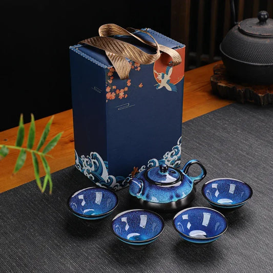 Jun Kiln Keramik-Teeset mit Geschenkbox Blau Premium-Glasur
