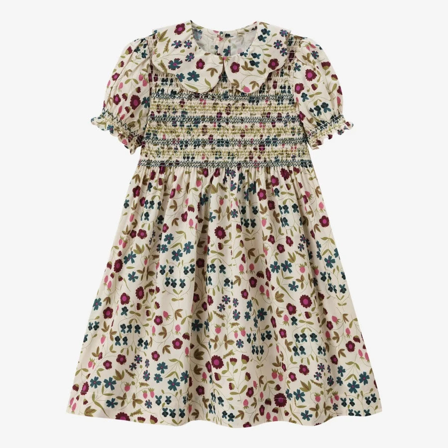 Blød pigekjole med smock - blomsterprint, bomuld, til matchende familieoutfits, sommerarrangementer
