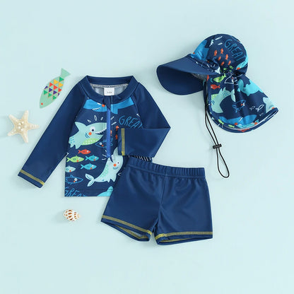 Quick-dry baby boys rash guard swimsuit set - long sleeve zip-up, fish print, polyester, summer beachwear
