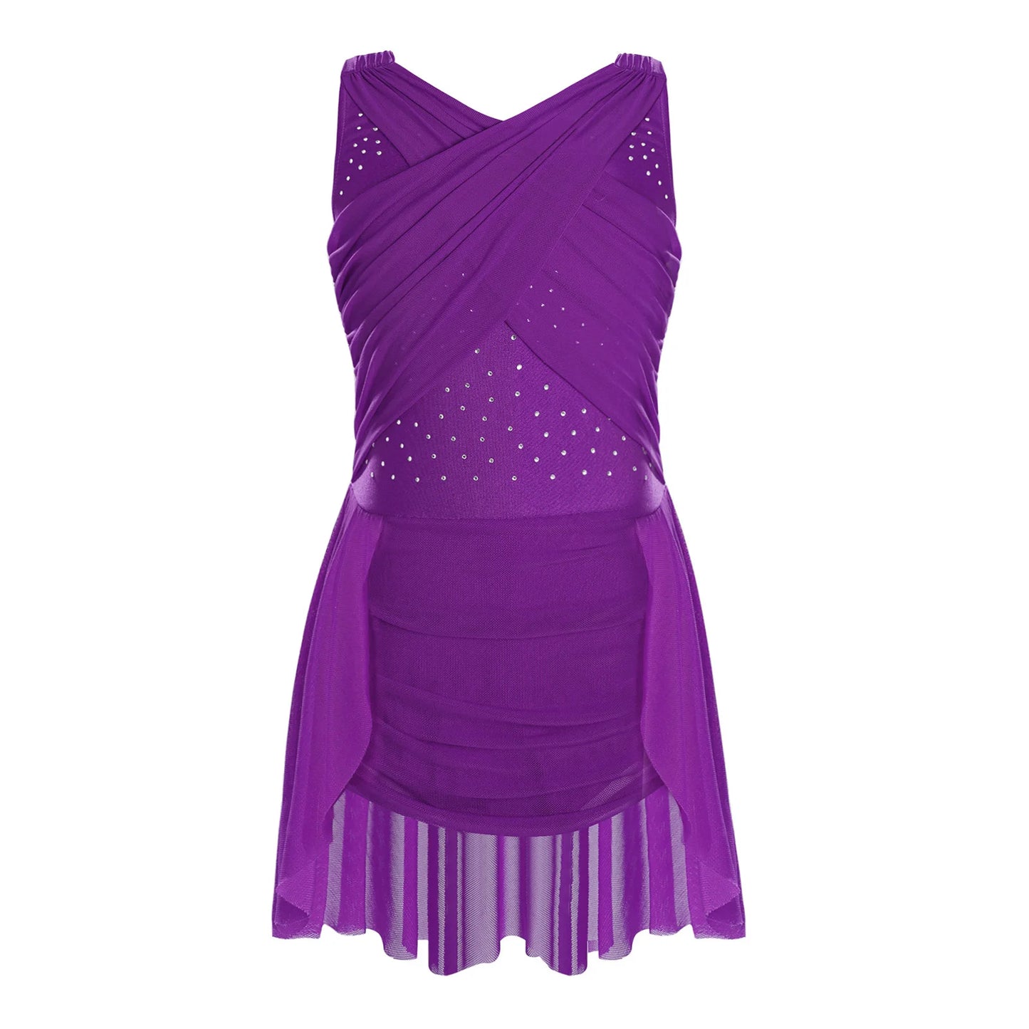 Lightweight Girls' Leotard - Rhinestone Embellished, Mesh Skirt, Polyester/Nylon/Elastane, For Ballet, Gymnastics