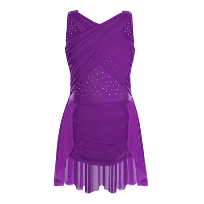 Lightweight Girls' Leotard - Rhinestone Embellished, Mesh Skirt, Polyester/Nylon/Elastane, For Ballet, Gymnastics