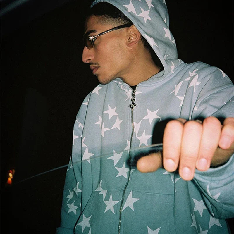 Overdimensjonert herre hettejakke med glidelås - Rhinestone skjelett, bomull