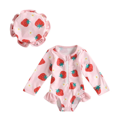 Let spædbarn pige badedragt heldragt – langærmet lynlås, flamingo blomsterprint, polyester, til sommer