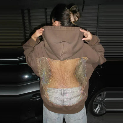 Oversized Relaxed Women’s Hooded Pullover - Boxy Hollow-Back Cut, Blended Fabric With Mesh Back, For Streetwear