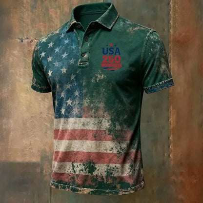 Lightweight men's polo shirt - graphic flag print, cotton, casual summer wear for outdoor events