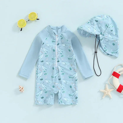 Conjunto de traje de baño con protector solar para bebé de secado rápido con sombrero - manga larga, poliéster, para playa y protección solar