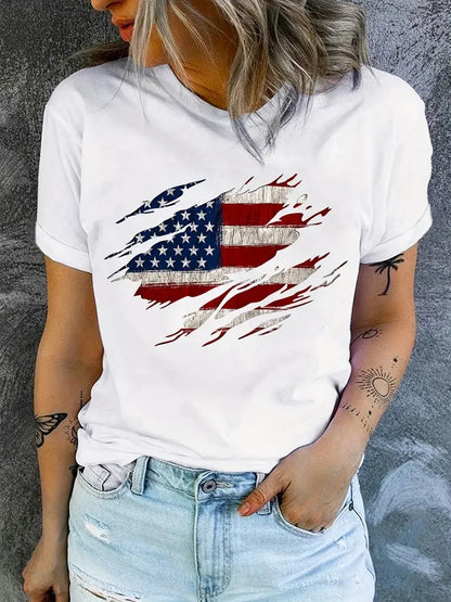 Soft Women's T-Shirt - graphic flag print short sleeve crew neck, casual summer top