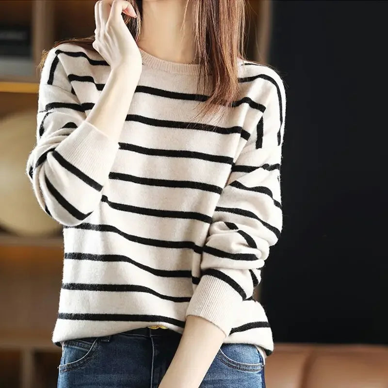 Lightweight Classic Womens Knit Sweater - Crewneck, Striped