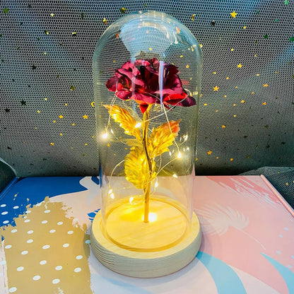 Rosa Galassia in Oro 24K con Luci LED – Scatola Regalo per la Festa della Mamma Fiore in Alluminio con Luci a Stringa e Scatola Fiore Artificiale Regalo