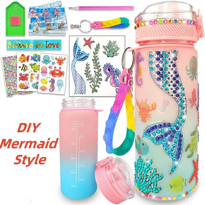 Kit fai da te con bottiglia d'acqua con sirena e unicorno per ragazze - Divertente regalo di compleanno per arti e mestieri con portachiavi Fidget