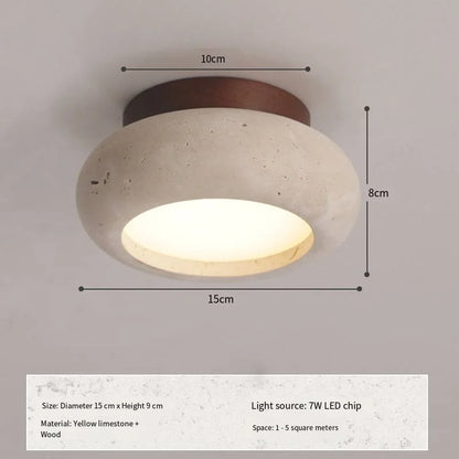 Japandi Travertine Ceiling Light Wood Cap Round Mid Century Lamp