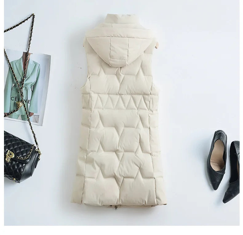 Lightweight Cozy Women Long Puffer Vest - Hooded Down