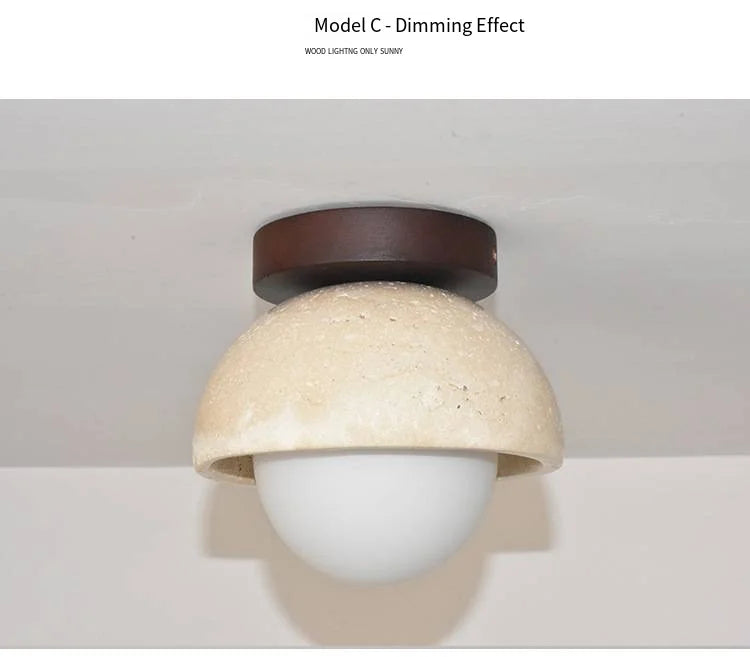 Japandi Travertine Ceiling Light Wood Cap Round Mid Century Lamp