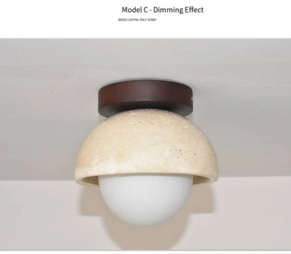Japandi Travertine Ceiling Light Wood Cap Round Mid Century Lamp