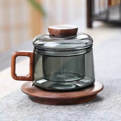 200ml Tea Infuser Cup Heat Resistant Glass Mug Wood Handle