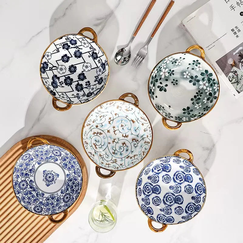 7.5 tums japansk keramisk nudelskål med handtag blå