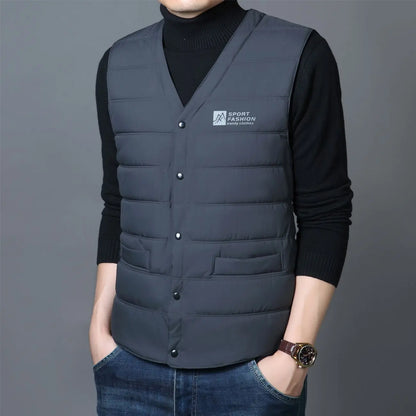 Warm Men's Down Vest - V Neck Quilted Cotton, Winter