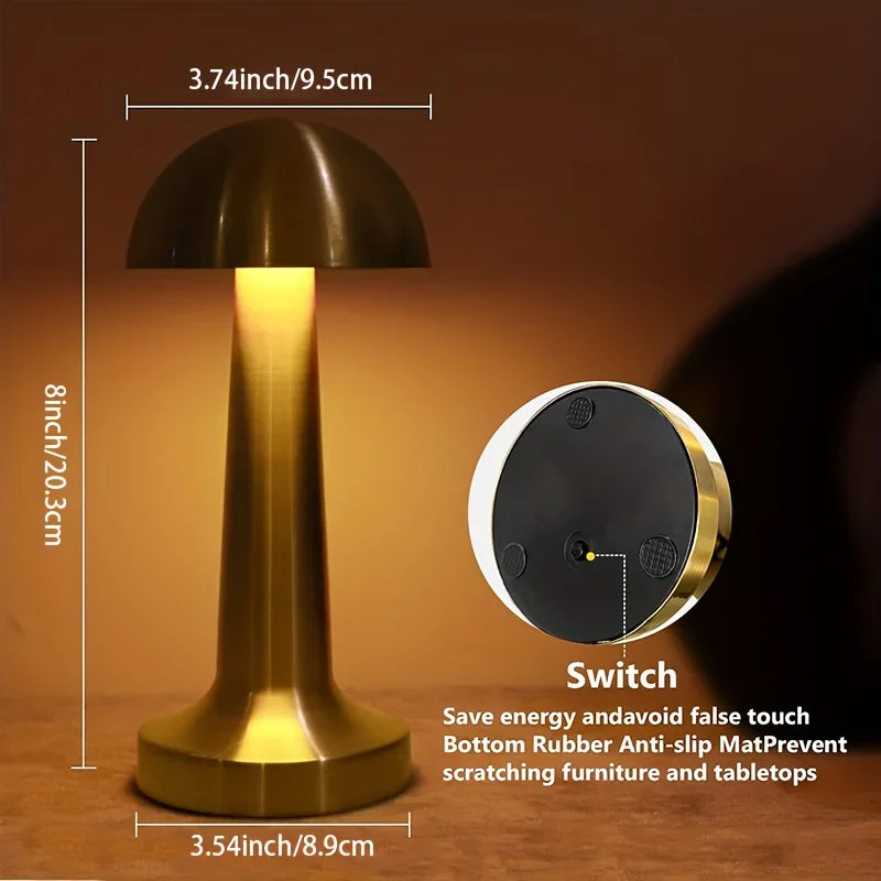 Metal Touch Control LED Mushroom Lamp - Rechargeable Night Light for Bedroom, 3 Levels of Brightness